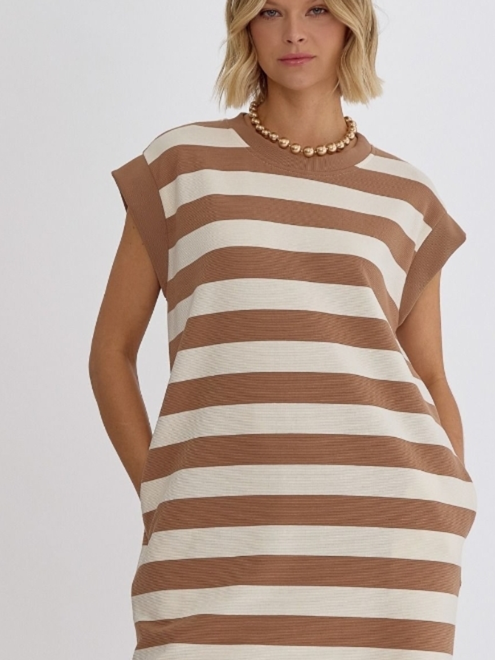 Striped Sleeveless Knit Dress in Brown and Cream